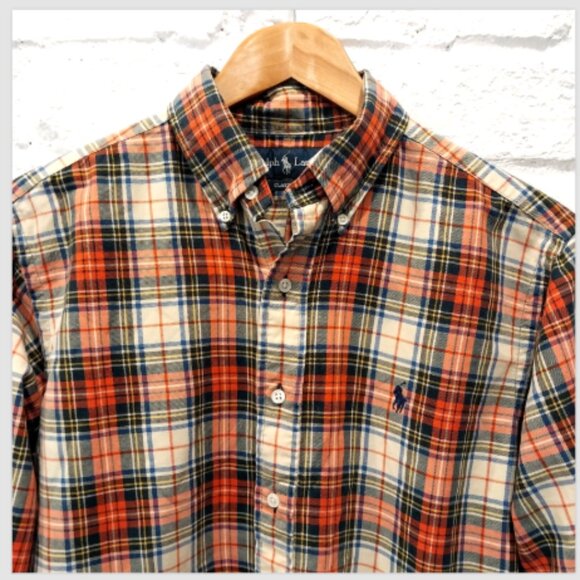 Ralph Lauren Wool Cotton Shirt Mens Medium Red Plaid Pony Button Up Long Sleeve - Picture 1 of 9
